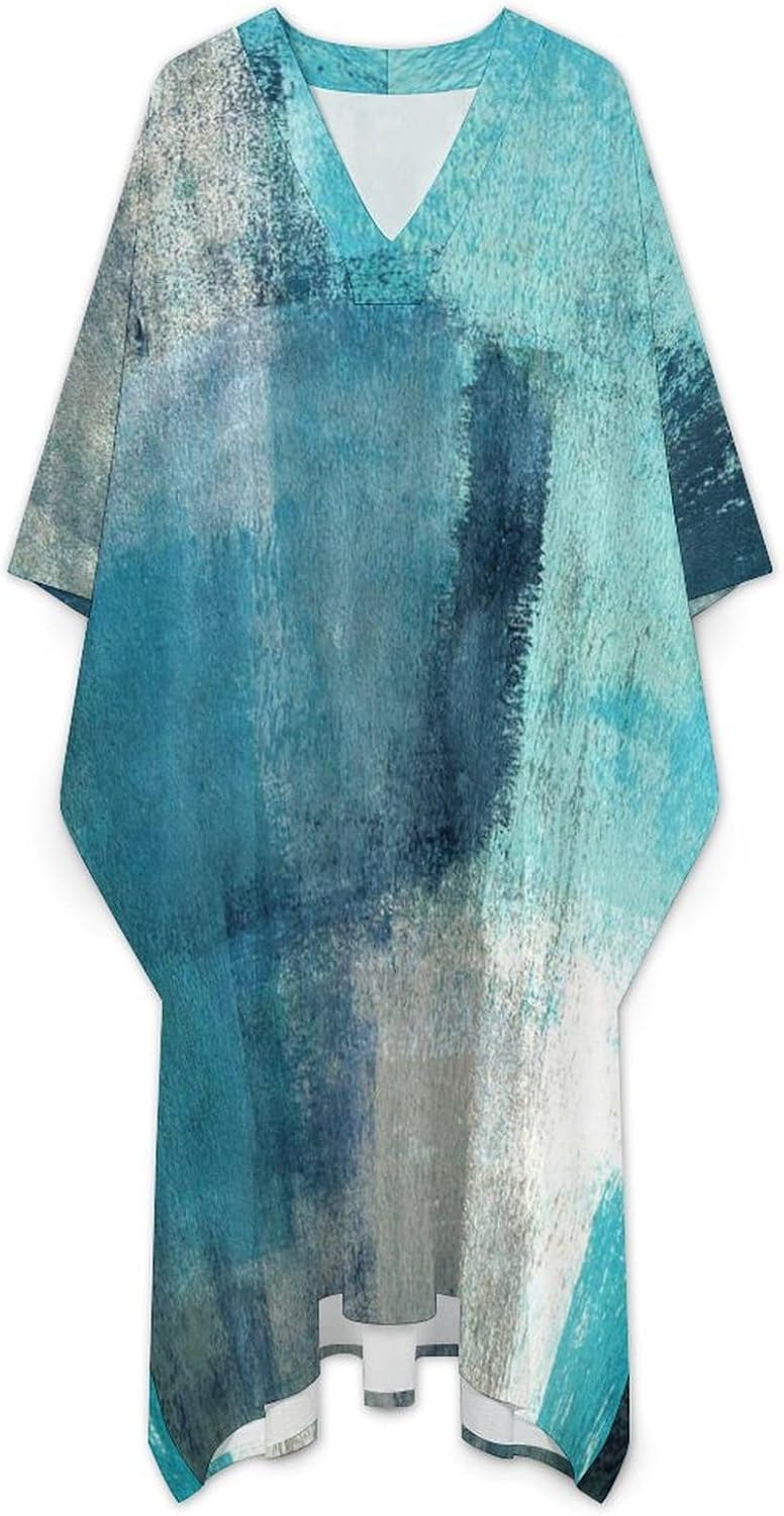 Hegropy Turquoise And Grey Art Artwork Pattern Men's V-neck Robe Middle East Arabian Robe Butterfly Sleeves Kaftan - Image 3